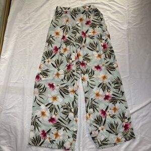 Forever 21 Mint Floral Wide-Leg Pants with Pink Blooms